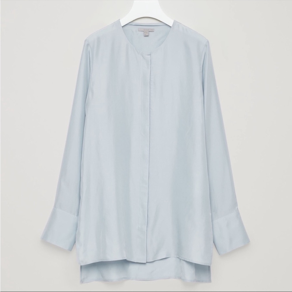‼️RARE‼️ COS silk light blue collarless tunic shirt, like new